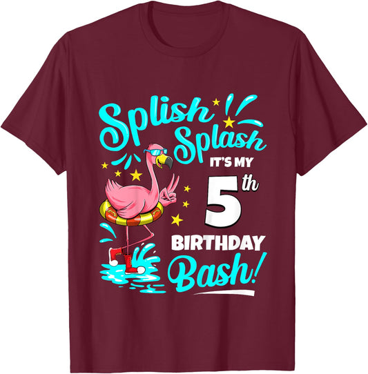5th Birthday Flamingo 5 Years Old Pool Party Summer T-Shirt - T-Shirt | Maroon