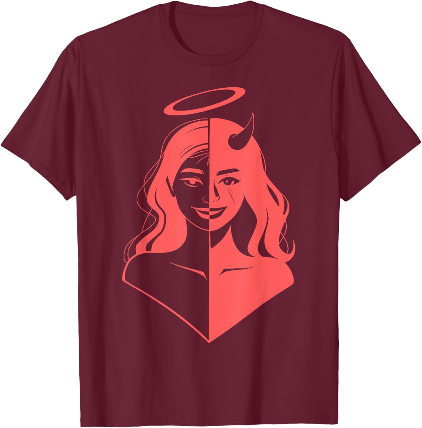 Girl Half Devil Face Half Angel Face Light Red T-Shirt - T-Shirt | Maroon