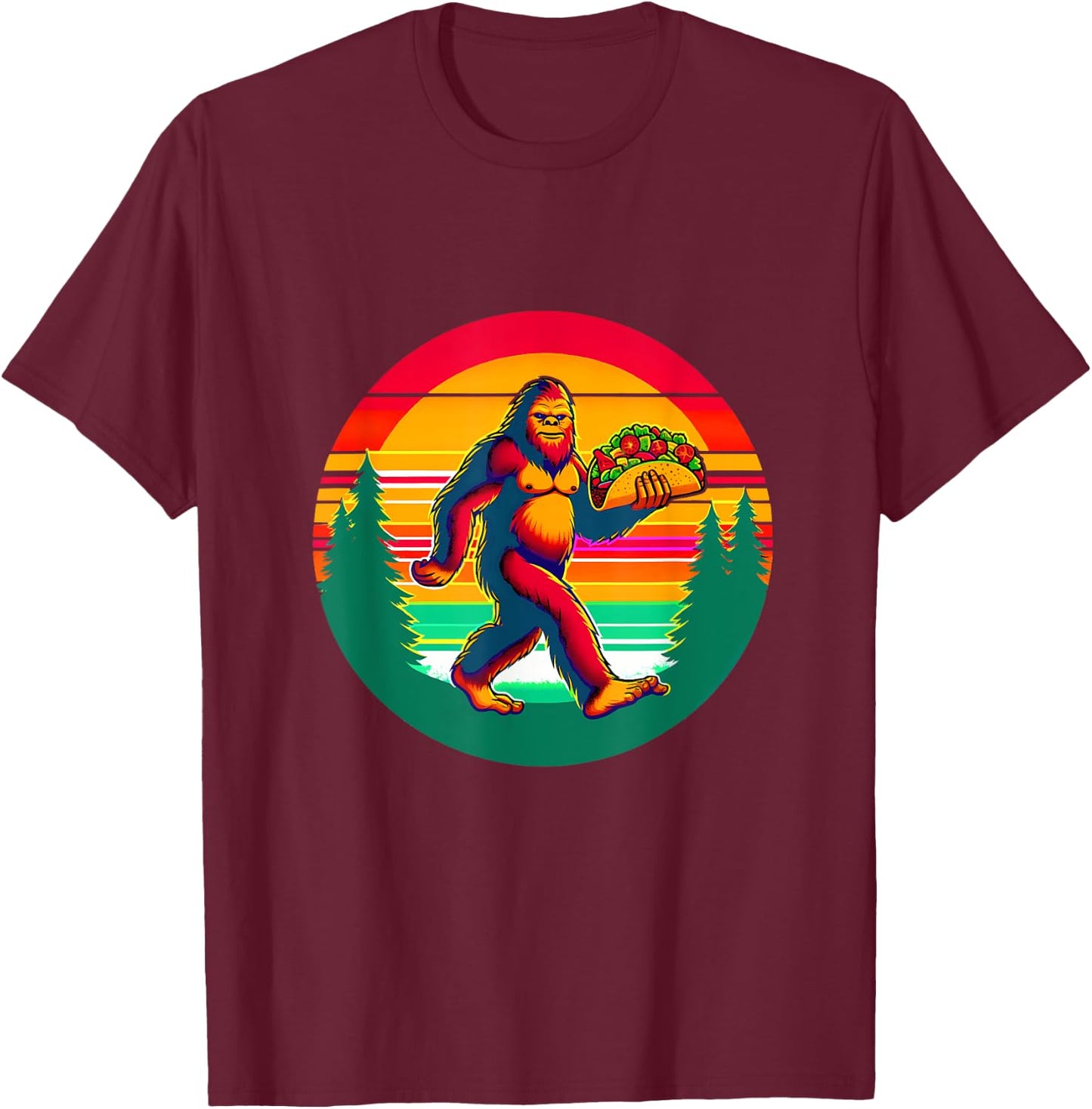 Funny Vintage Big Foot aka Sasquatch Holding a Taco T-Shirt - T-Shirt | Maroon