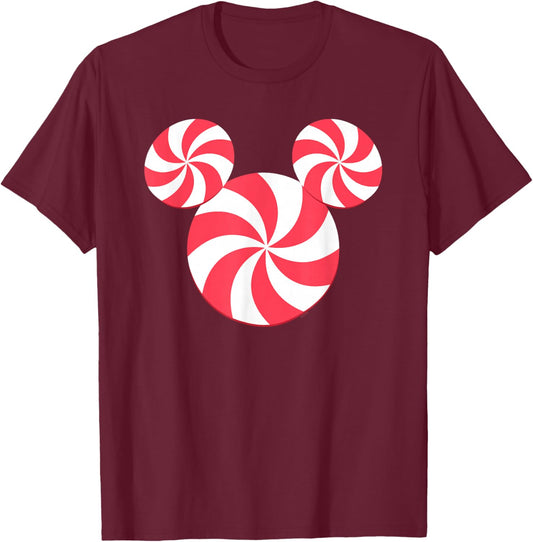 Disney Mickey Mouse Icon Christmas Peppermint Candy Holiday T-Shirt - T-Shirt | Maroon
