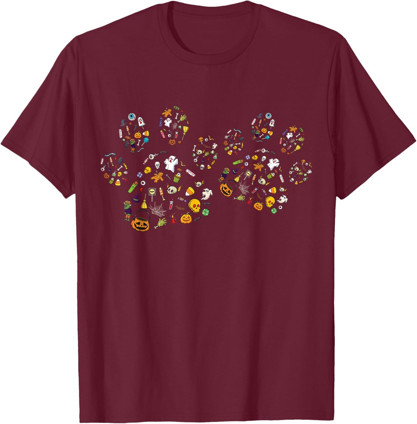 Cute Paw Print Halloween Dog Candy Pumpkin Ghost T-Shirt - T-Shirt | Maroon
