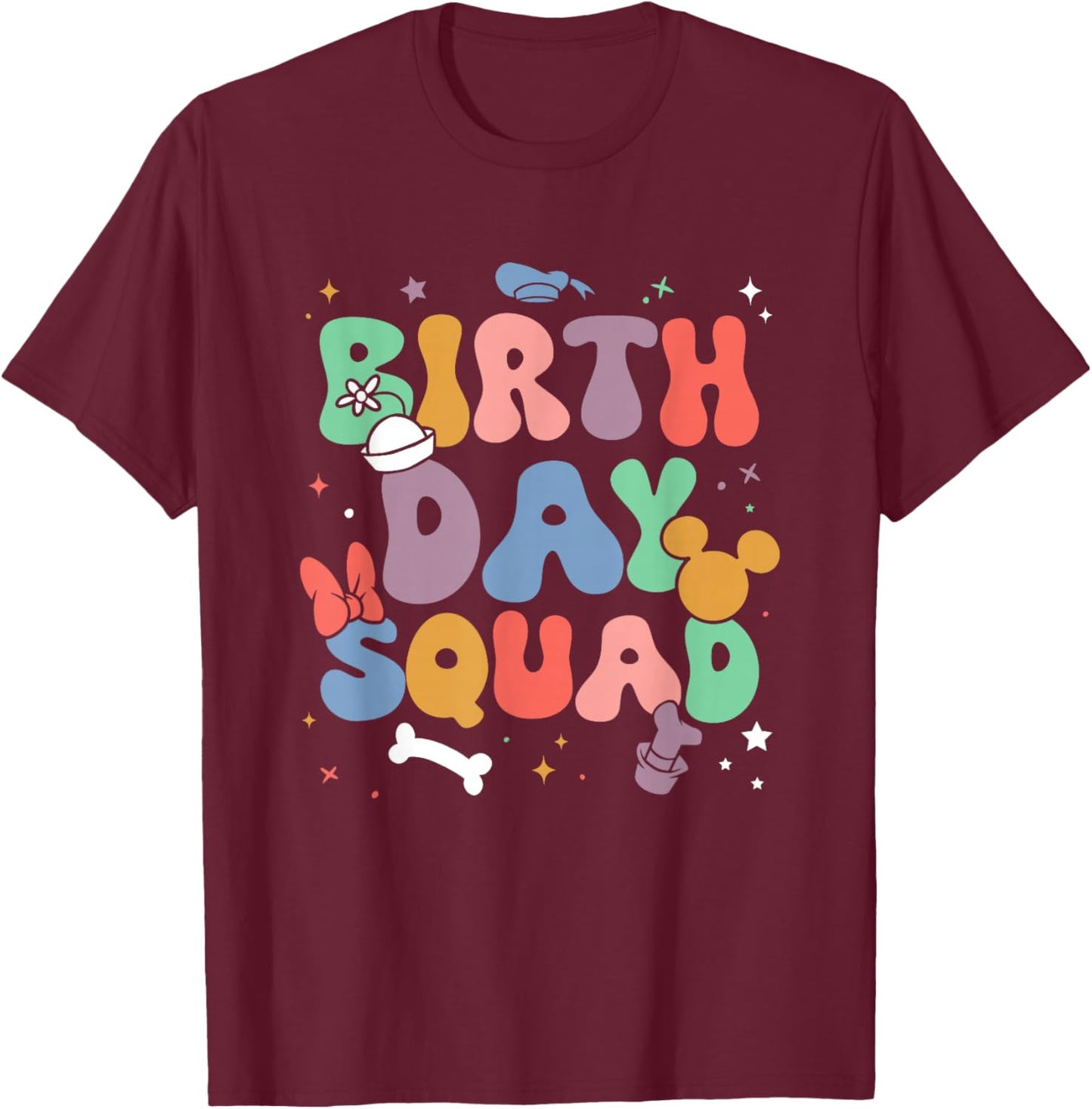 Disney Mickey and Friends Birthday Squad Vintage Logo T-Shirt - T-Shirt | Maroon