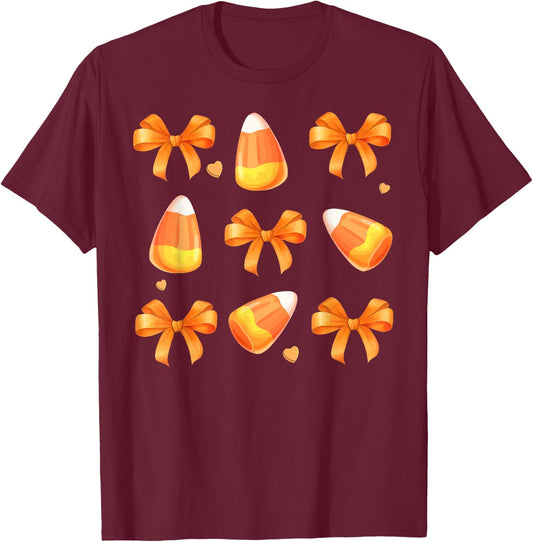 Coquette Bow Candy Corn Retro Halloween Women Kids T-Shirt - T-Shirt | Maroon