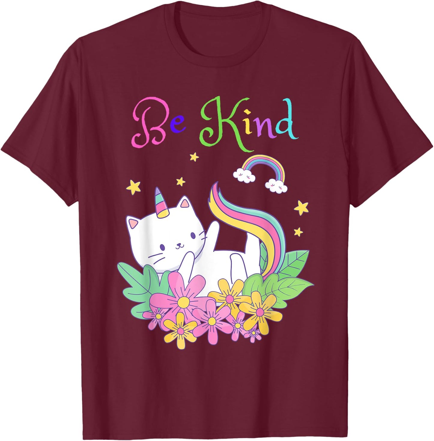 Cat Unicorn Be Kind Shirt Caticorn Be Kind Gift Teacher T-Shirt - T-Shirt | Maroon