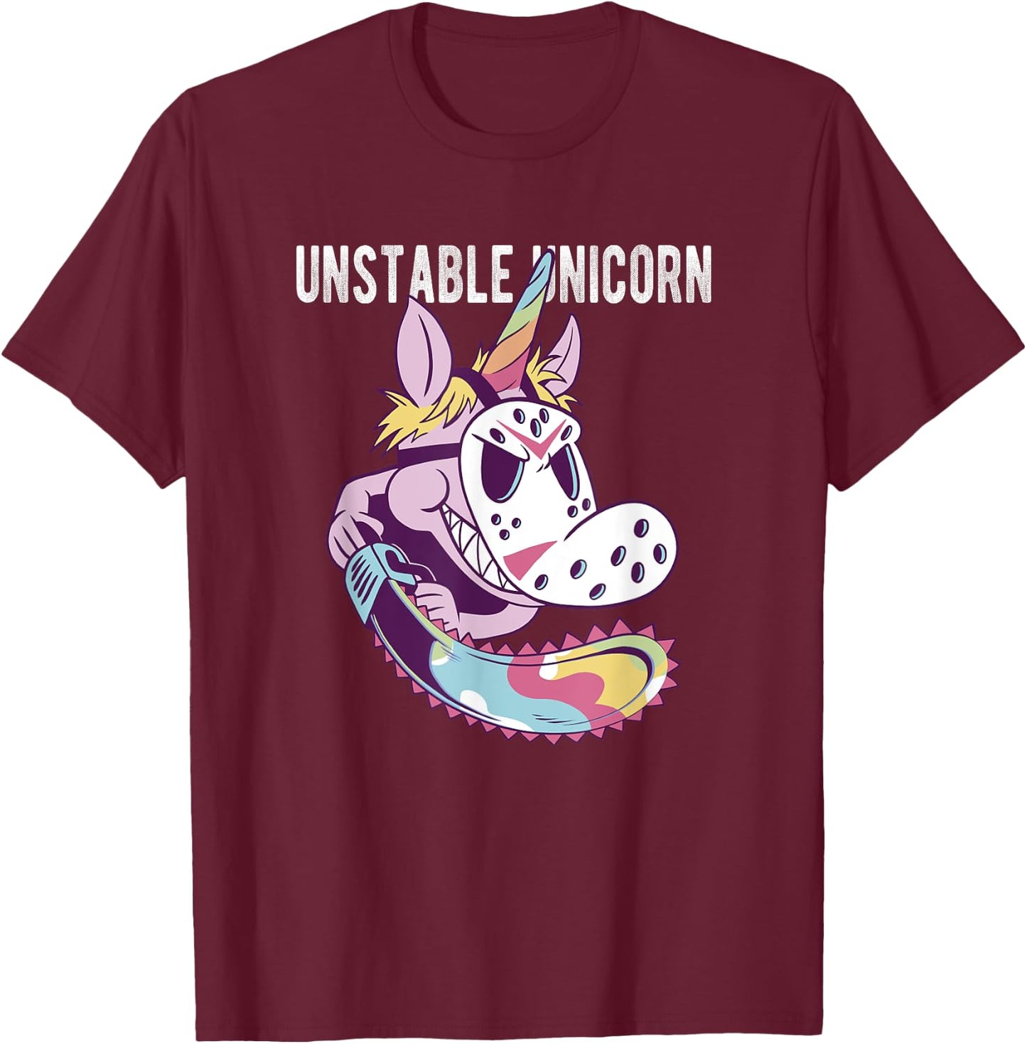Unstable Unicorn with Chainsaw T-Shirt - T-Shirt | Maroon