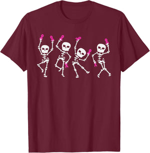Pink Ribbon Breast Cancer Awareness Skeleton Dancing Costume T-Shirt - T-Shirt | Maroon