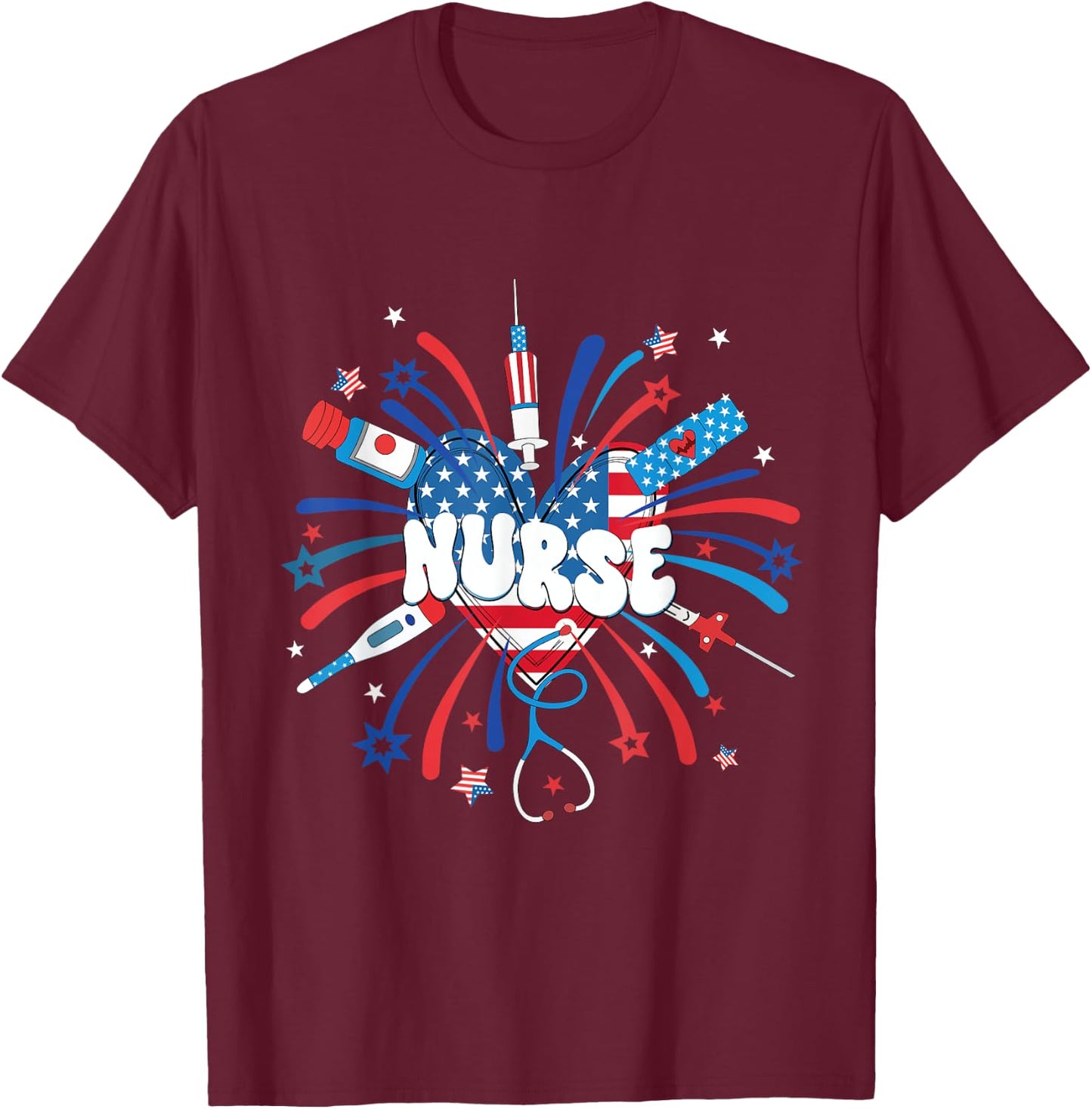 Firework 4th of July Nurse Independence Day Girly Nurse Icu T-Shirt - T-Shirt | Maroon