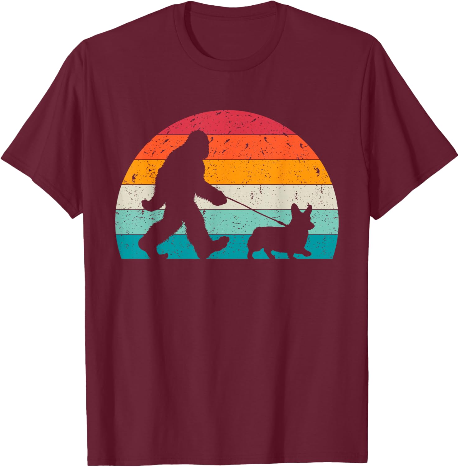 Bigfoot Walking a Dog Funny Corgi Lovers Dog Dad T-Shirt - T-Shirt | Maroon