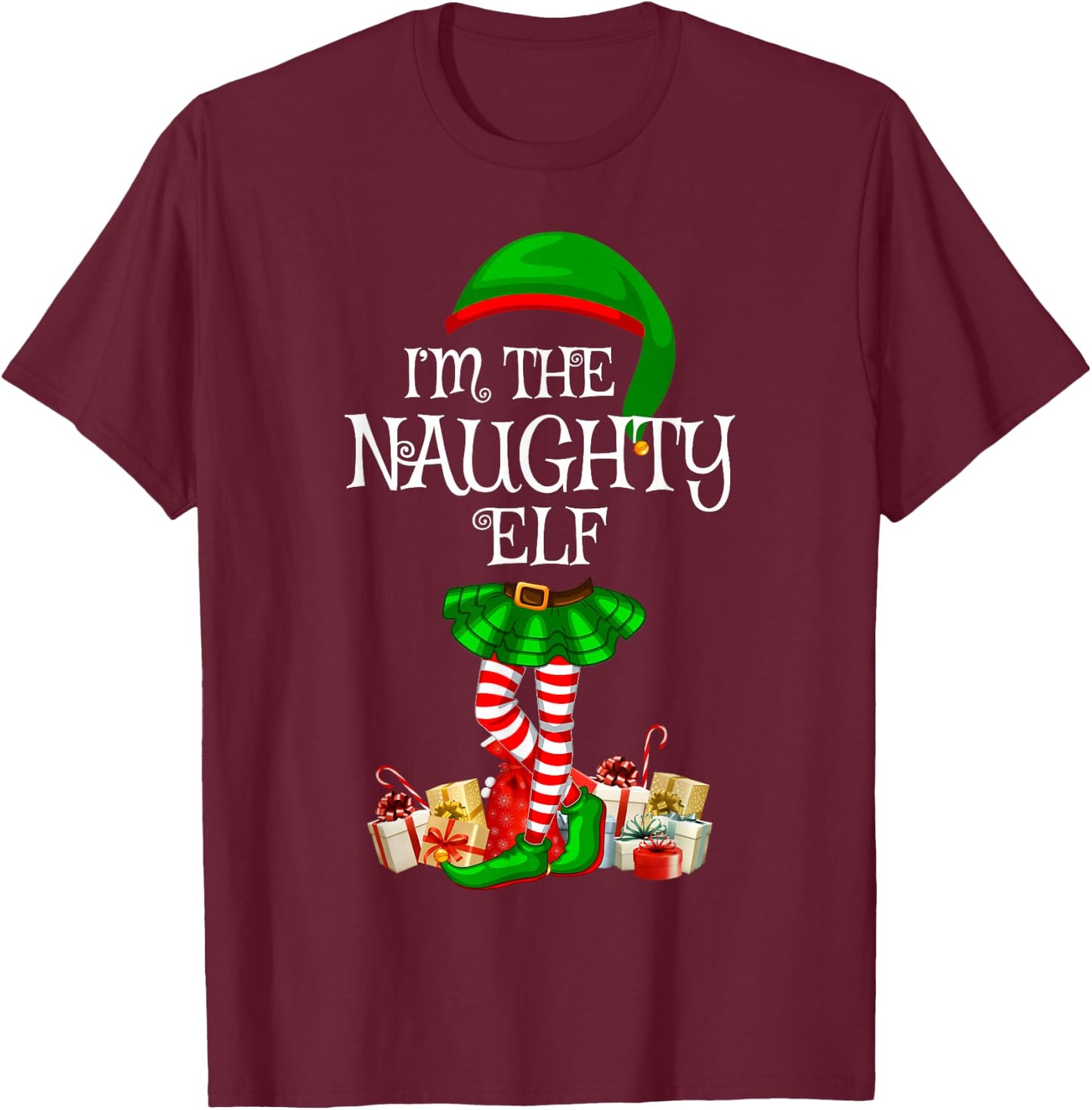 Matching Family Women Girls I'm The Naughty Elf Christmas T-Shirt - T-Shirt | Maroon