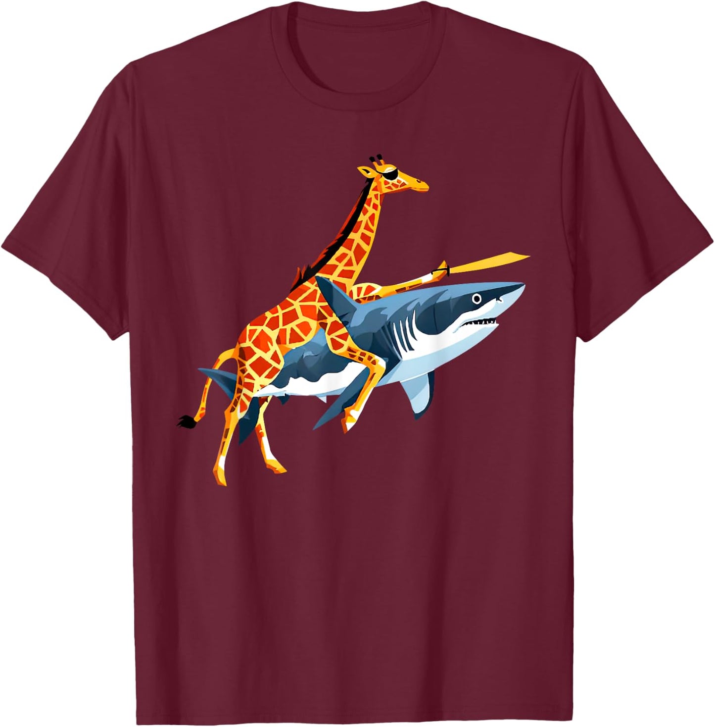 Retro Giraffe Riding Shark Funny Animal Lover Graphic T-Shirt - T-Shirt | Maroon