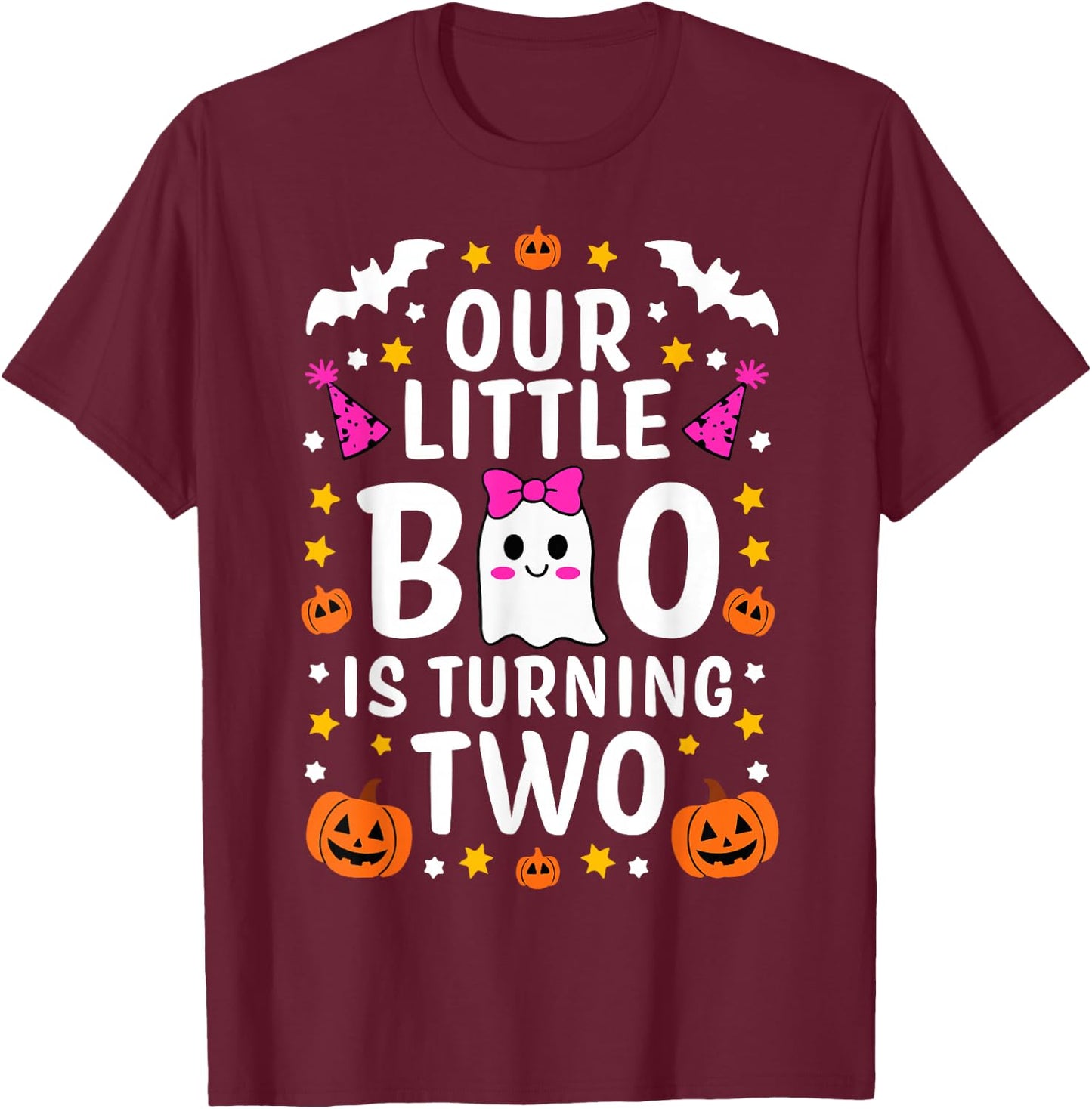 Our Little Boo Is Turning Two Yr 2nd Birthday Girl Halloween T-Shirt - T-Shirt | Maroon