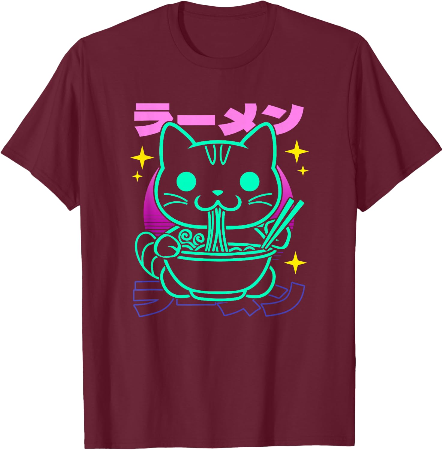 Retro Kawaii Ramen Cat T-Shirt - T-Shirt | Maroon