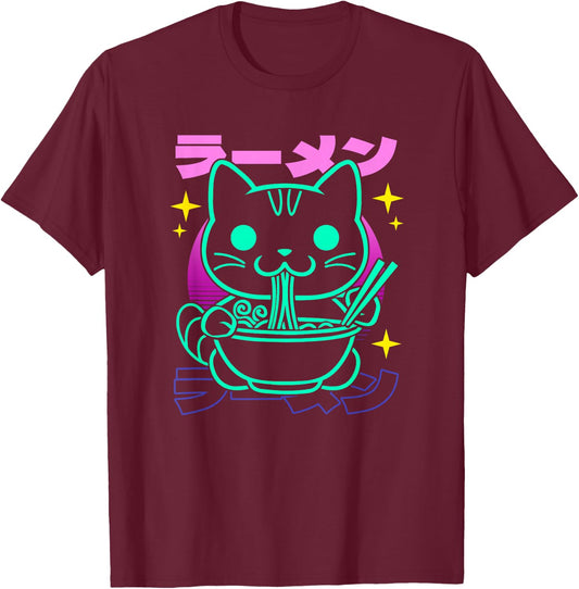 Retro Kawaii Ramen Cat T-Shirt - T-Shirt | Maroon