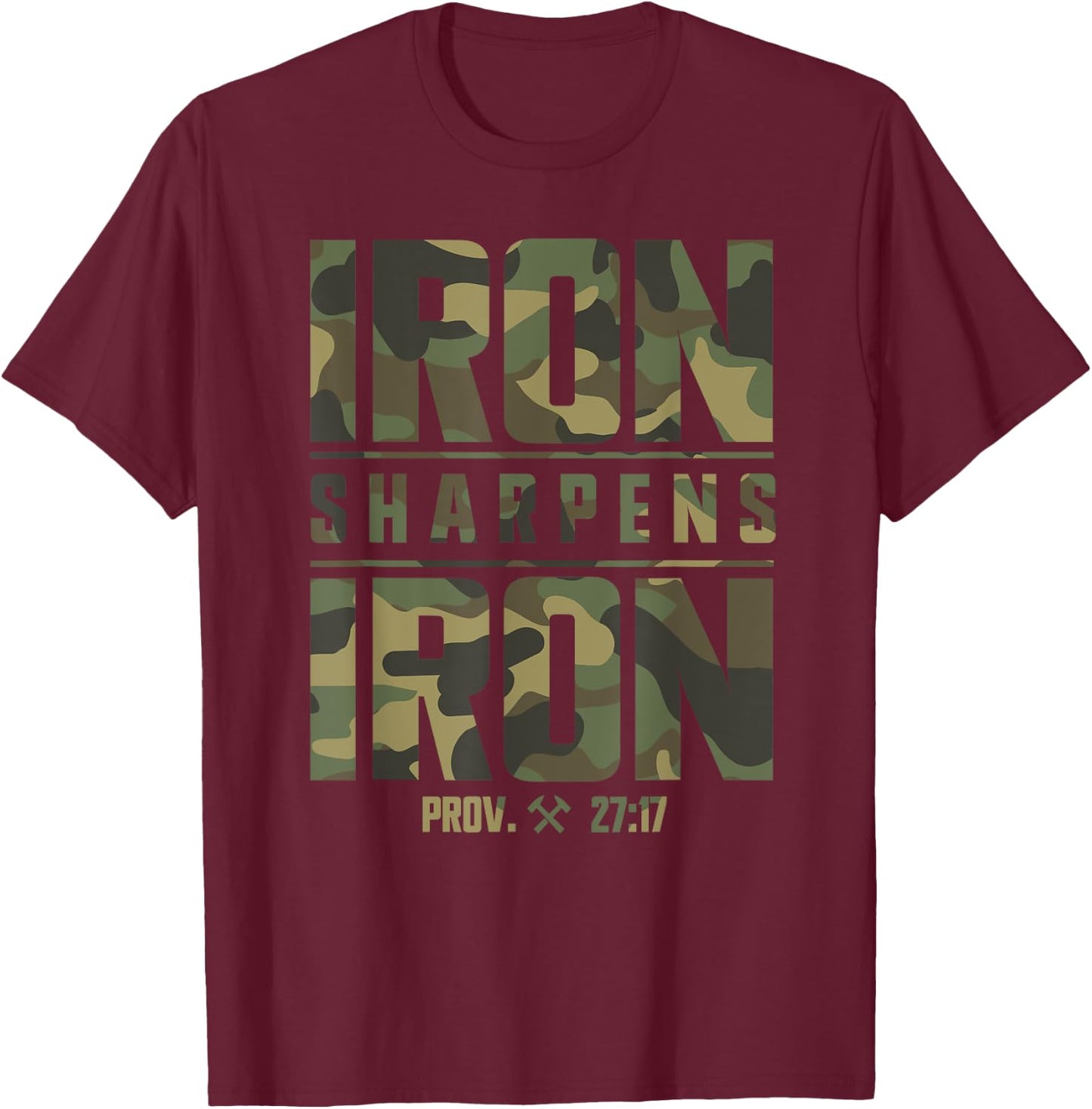 Iron Sharpens Iron Christian Men Camo Scripture Gym Workout T-Shirt - T-Shirt | Maroon