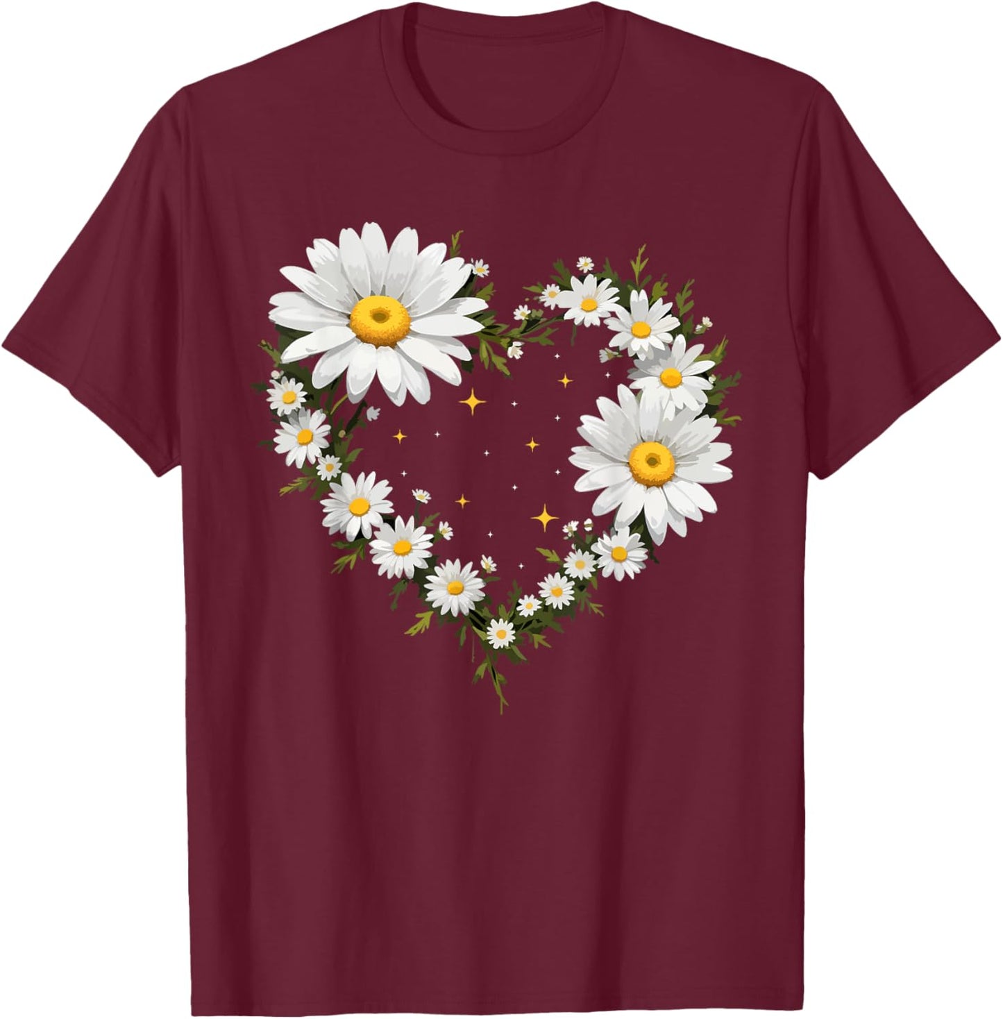 Heart With Daisy Flowers, Daisies With Heart Outline T-Shirt - T-Shirt | Maroon