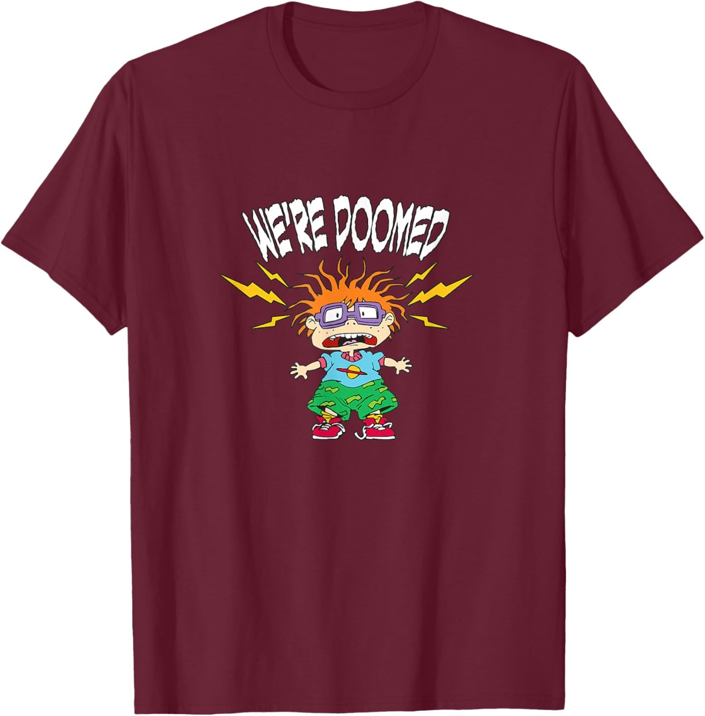 Rugrats Chuckie We're Doomed Lightning Bolt Design T-Shirt - T-Shirt | Maroon