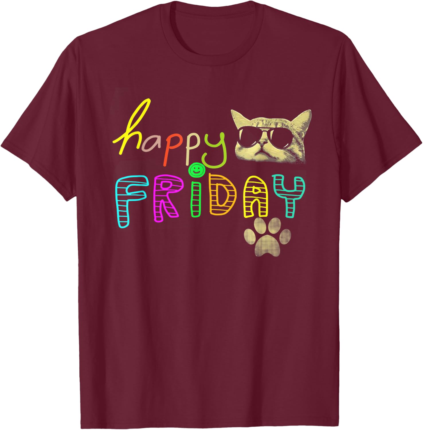 Funny cat lovers Happy Friday Cute Rainbow Graphic Women Kids T-Shirt - T-Shirt | Maroon