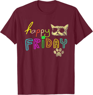 Funny cat lovers Happy Friday Cute Rainbow Graphic Women Kids T-Shirt - T-Shirt | Maroon