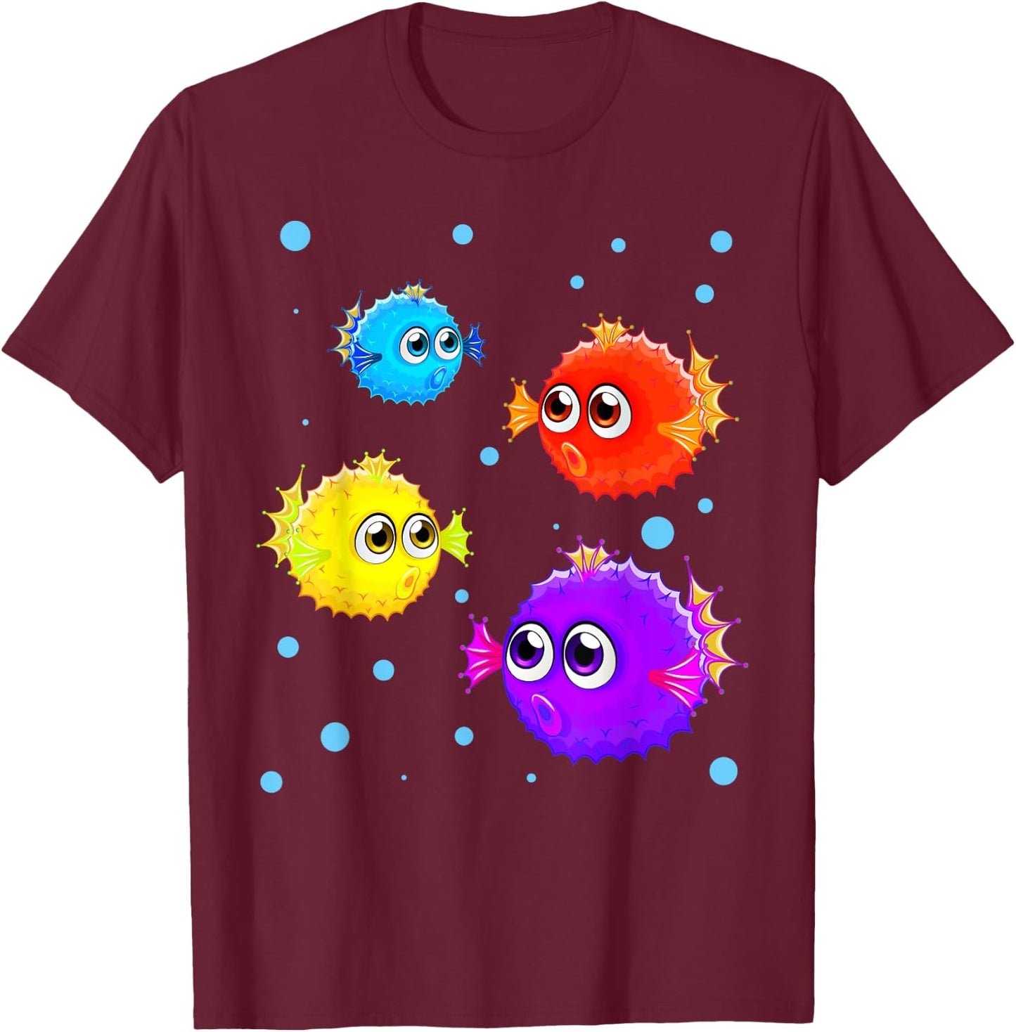 Colorful Puffer Fish Boys Girls Blowfishes T-Shirt - T-Shirt | Maroon