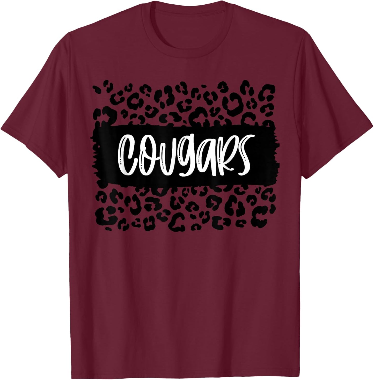 Cougars Team Mascot School Spirit Game Night Leopard Print T-Shirt - T-Shirt | Maroon