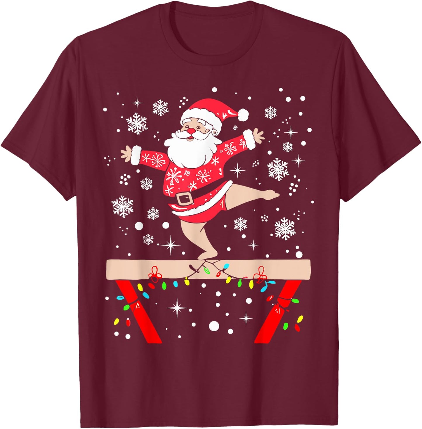 Funny Gymnast Xmas Lights Santa Gymnastics Christmas T-Shirt - T-Shirt | Maroon