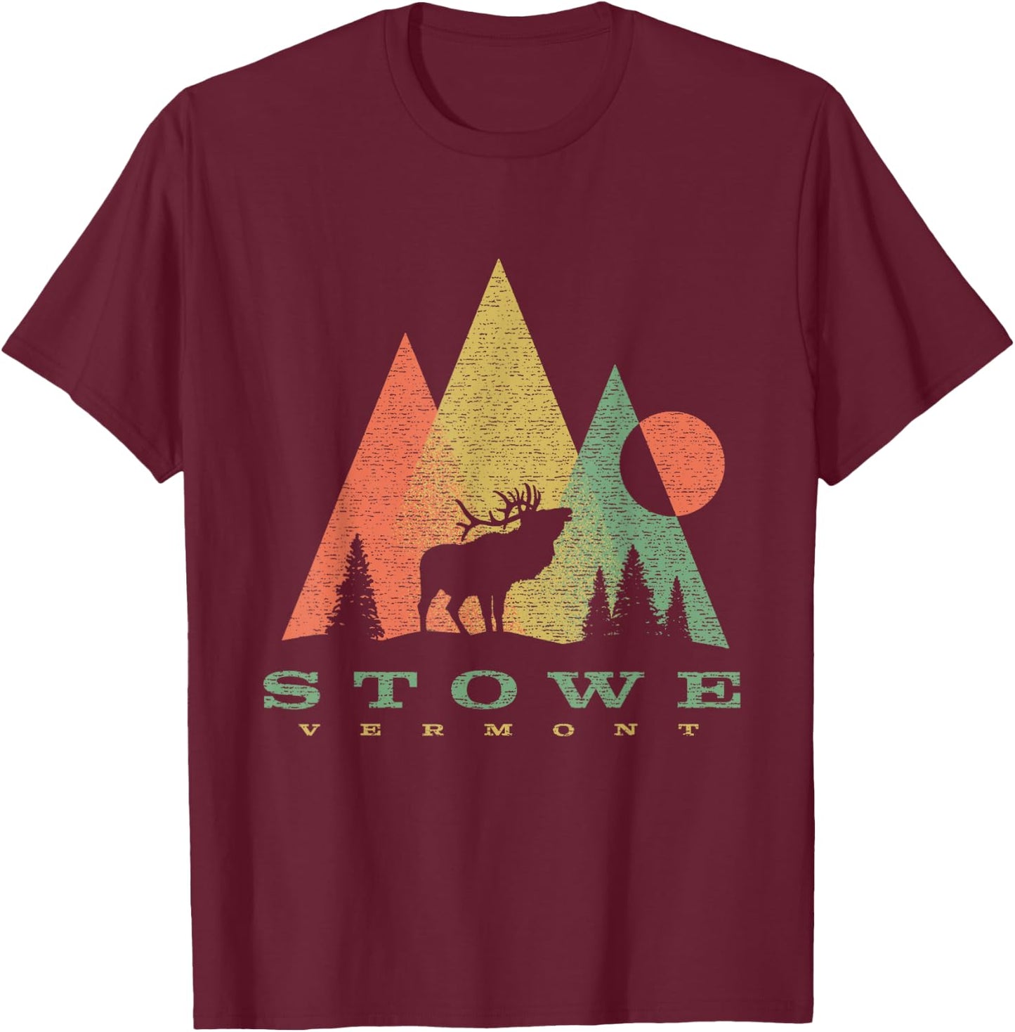 Vintage Geometric Mountains Deer Stowe Vermont Vacation T-Shirt - T-Shirt | Maroon