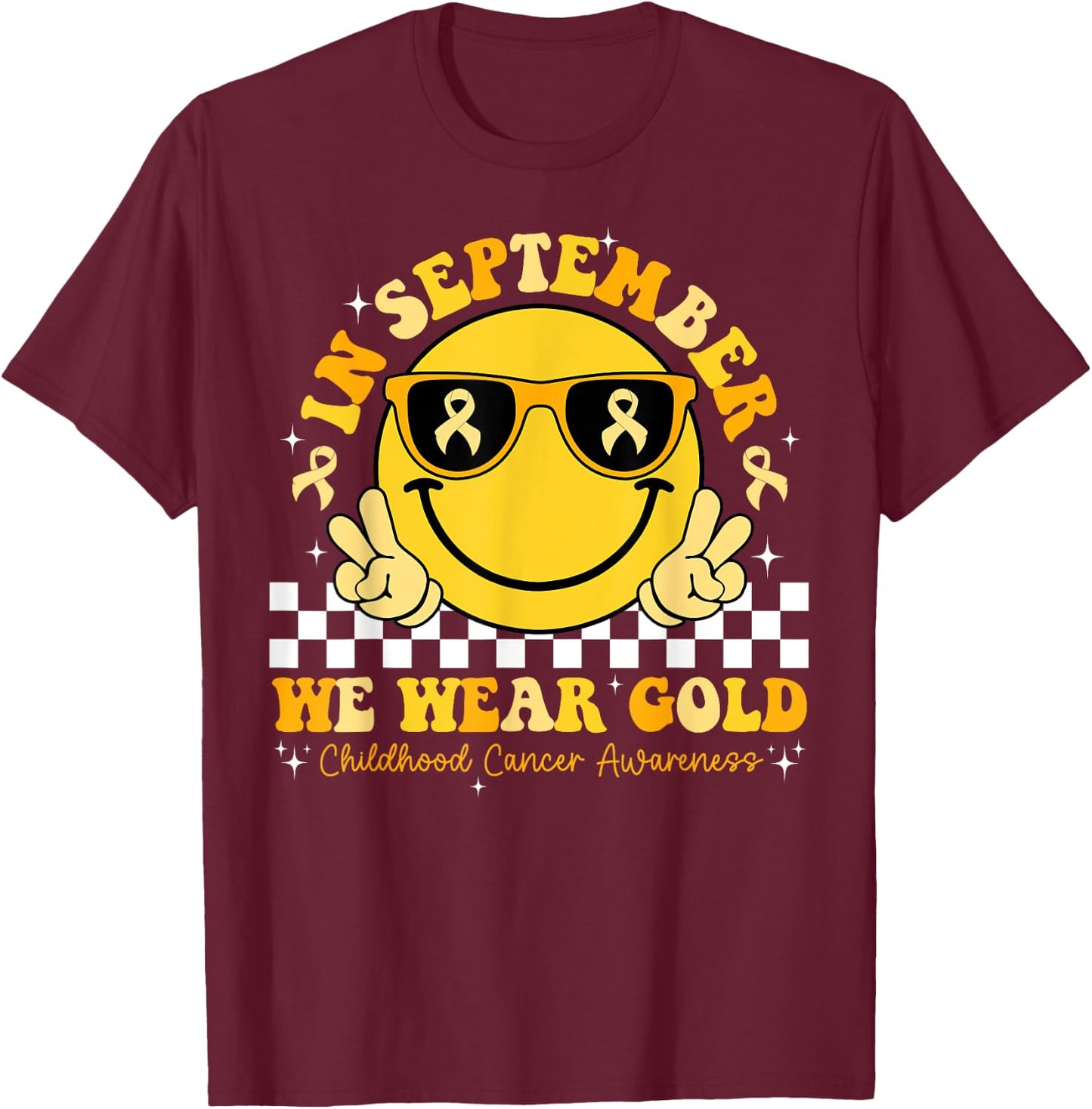 September We Wear Gold Childhood Cancer Awareness Smile Face T-Shirt - T-Shirt | Maroon