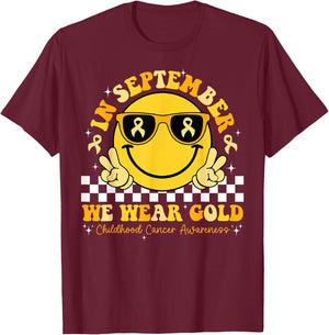 September We Wear Gold Childhood Cancer Awareness Smile Face T-Shirt - T-Shirt | Maroon
