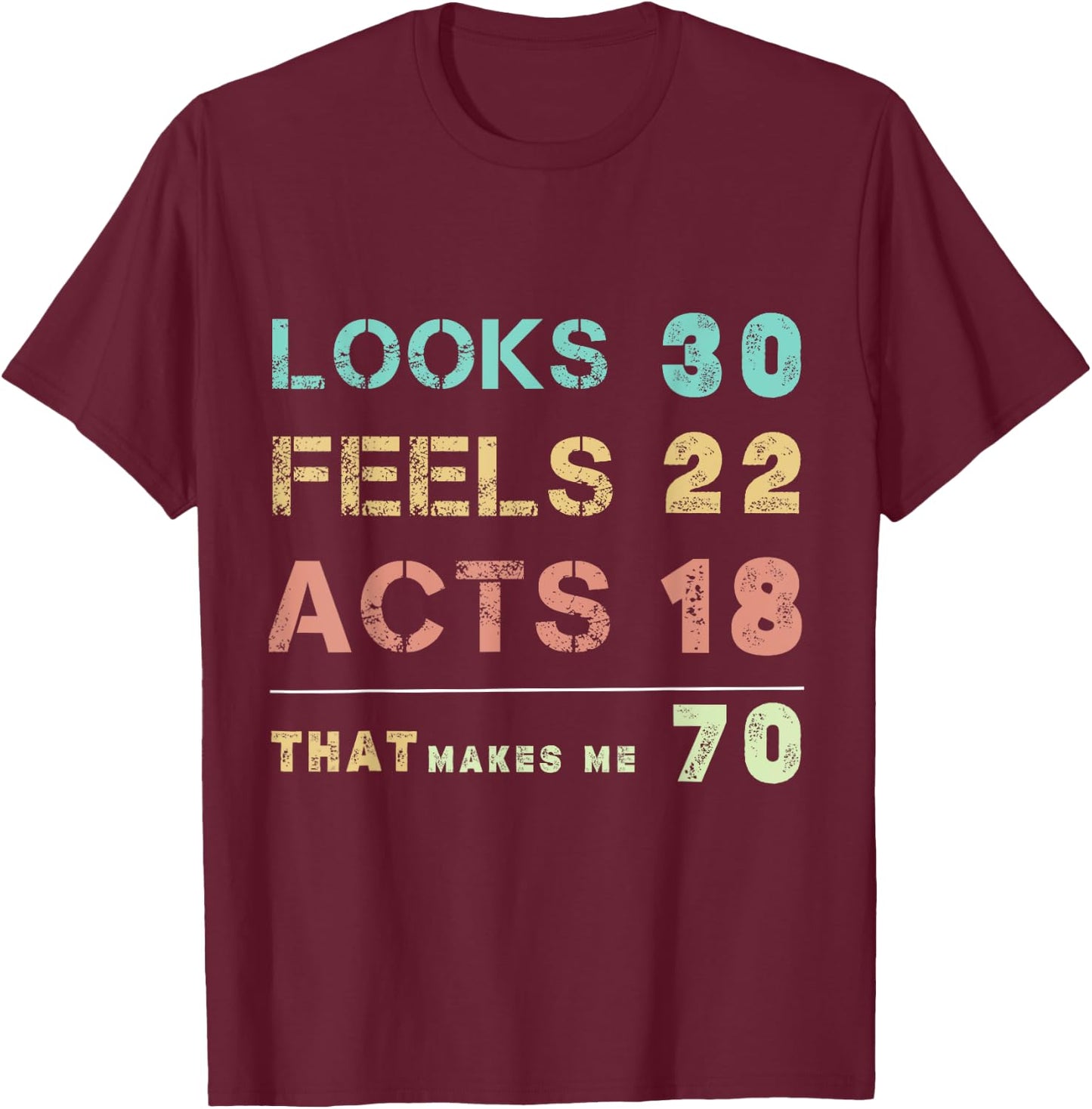 Looks 30 feels 22 acts 18 that makes me 70 happy 70th b day T-Shirt - T-Shirt | Maroon