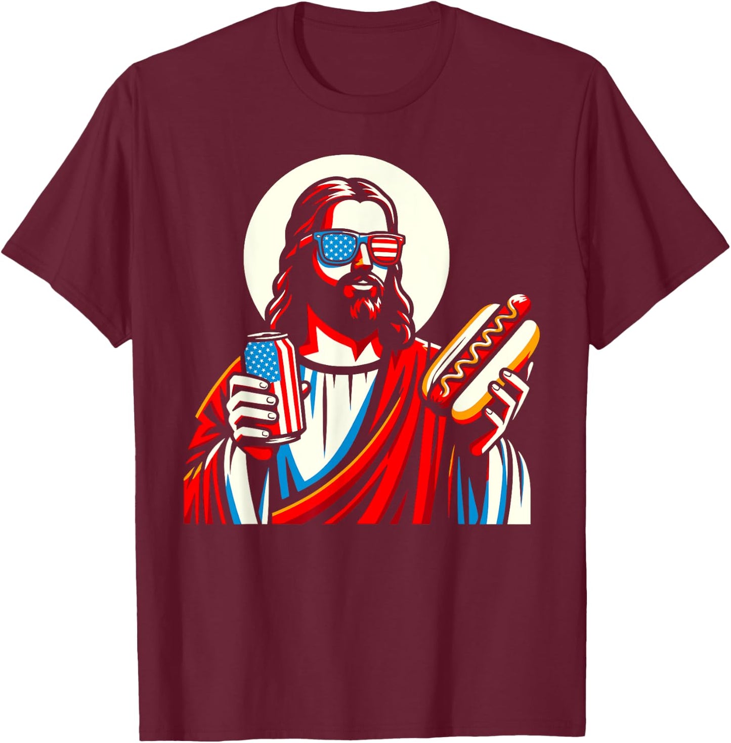 Funny Jesus USA American Christian Patriotic Beer Hotdog Women Men T-Shirt - T-Shirt | Maroon