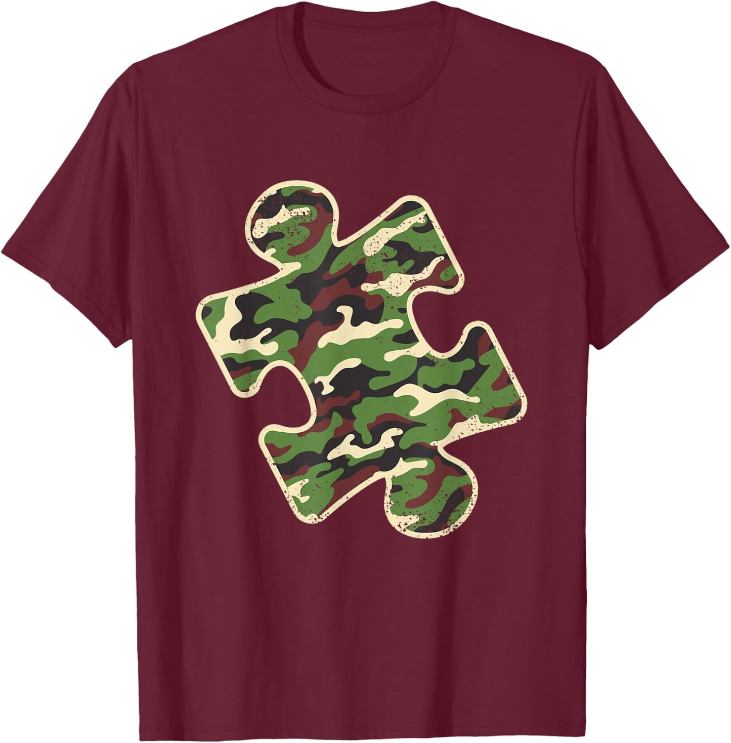 Autism Awareness Camo Puzzle Piece Vintage Camoflauge T-Shirt - T-Shirt | Maroon