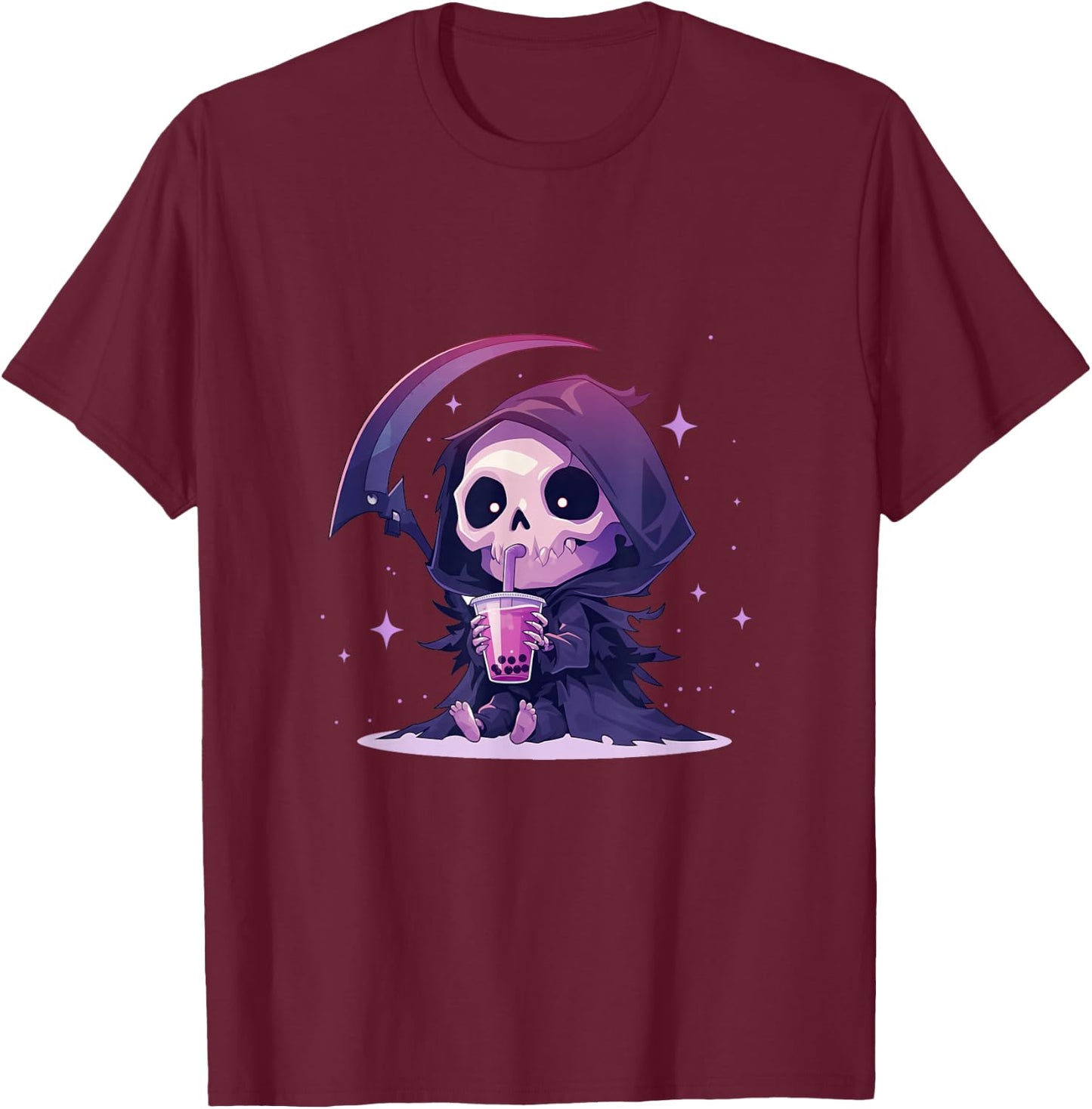 Chibi Grim Reaper Drinking Boba Tea T-Shirt - T-Shirt | Maroon
