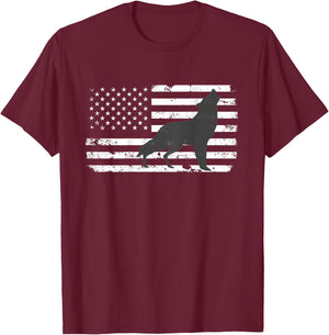 Gray Lone Wolf Distressed American Flag BACK PRINT T-Shirt - T-Shirt | Maroon