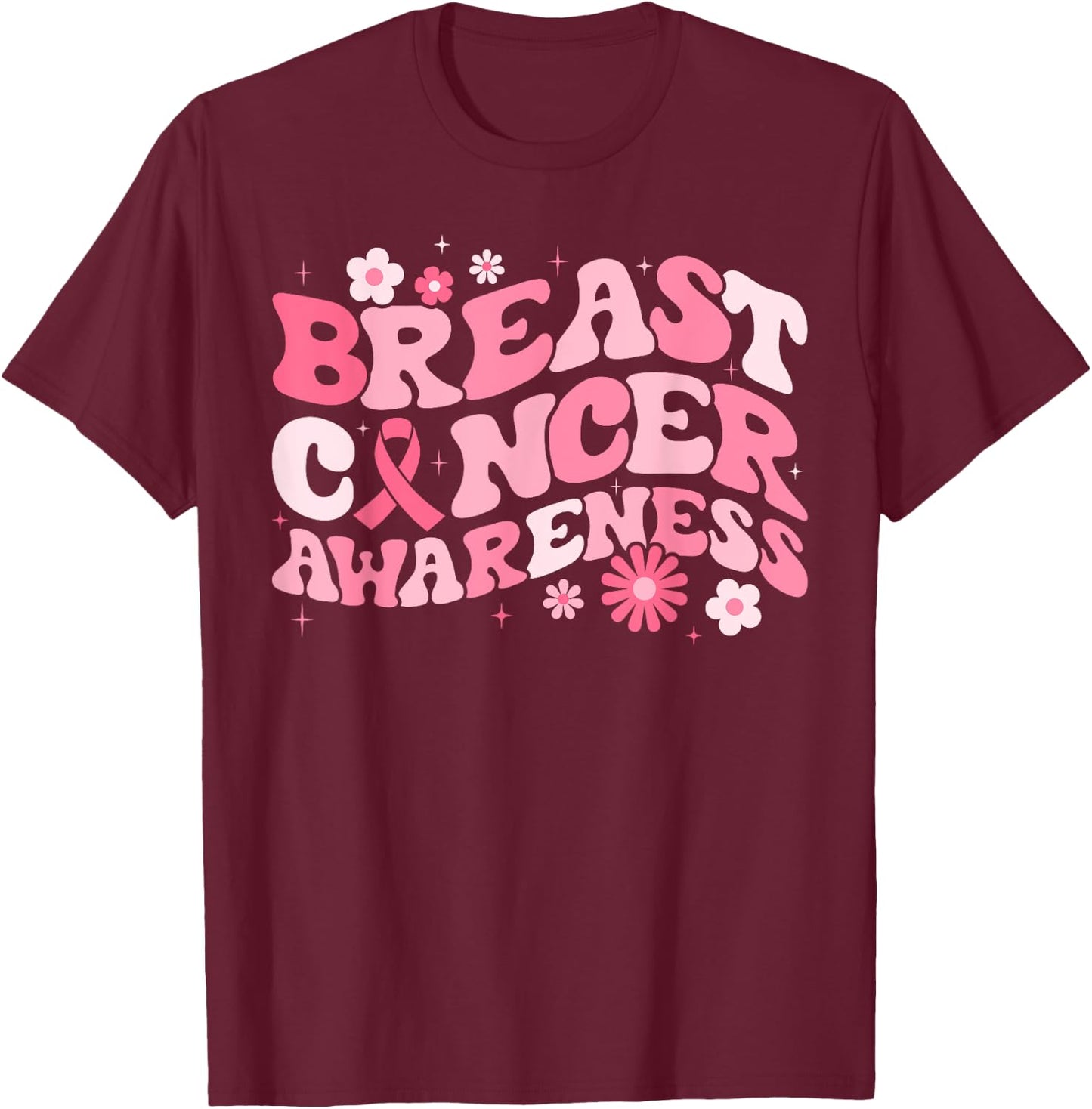 Groovy Breast Cancer Awareness Pink Ribbon Women Warrior T-Shirt - T-Shirt | Maroon