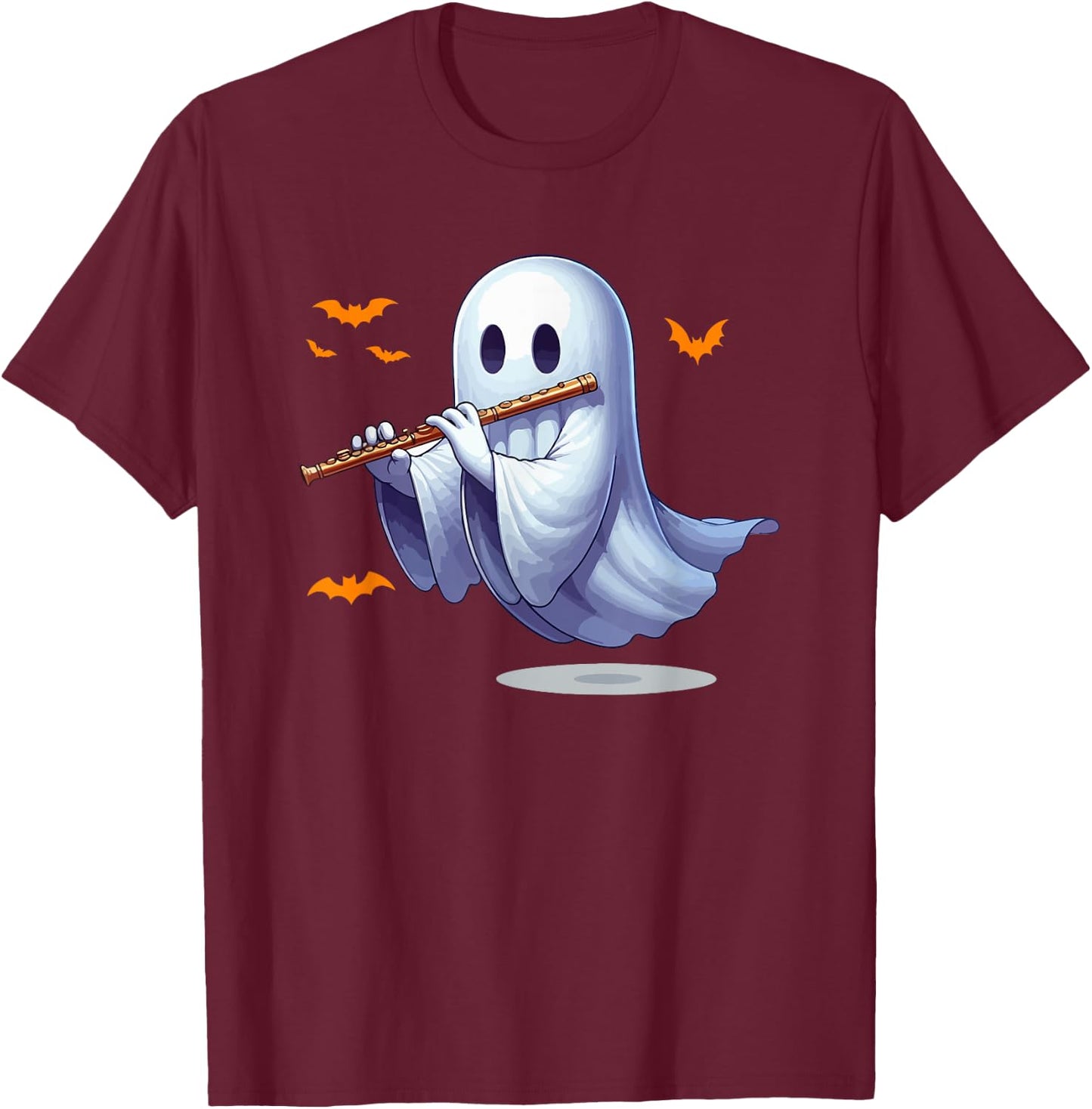Boo Ghost Playing Flute Halloween Musical Instrument T-Shirt - T-Shirt | Maroon