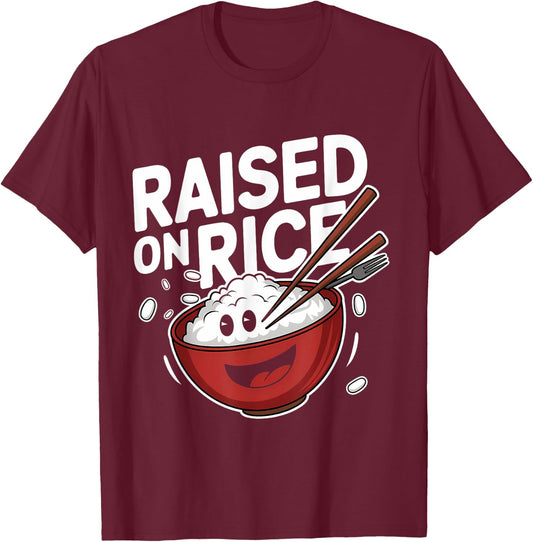 Cute Raised on Rice Bowl Cartoon Design T-Shirt - T-Shirt | Maroon