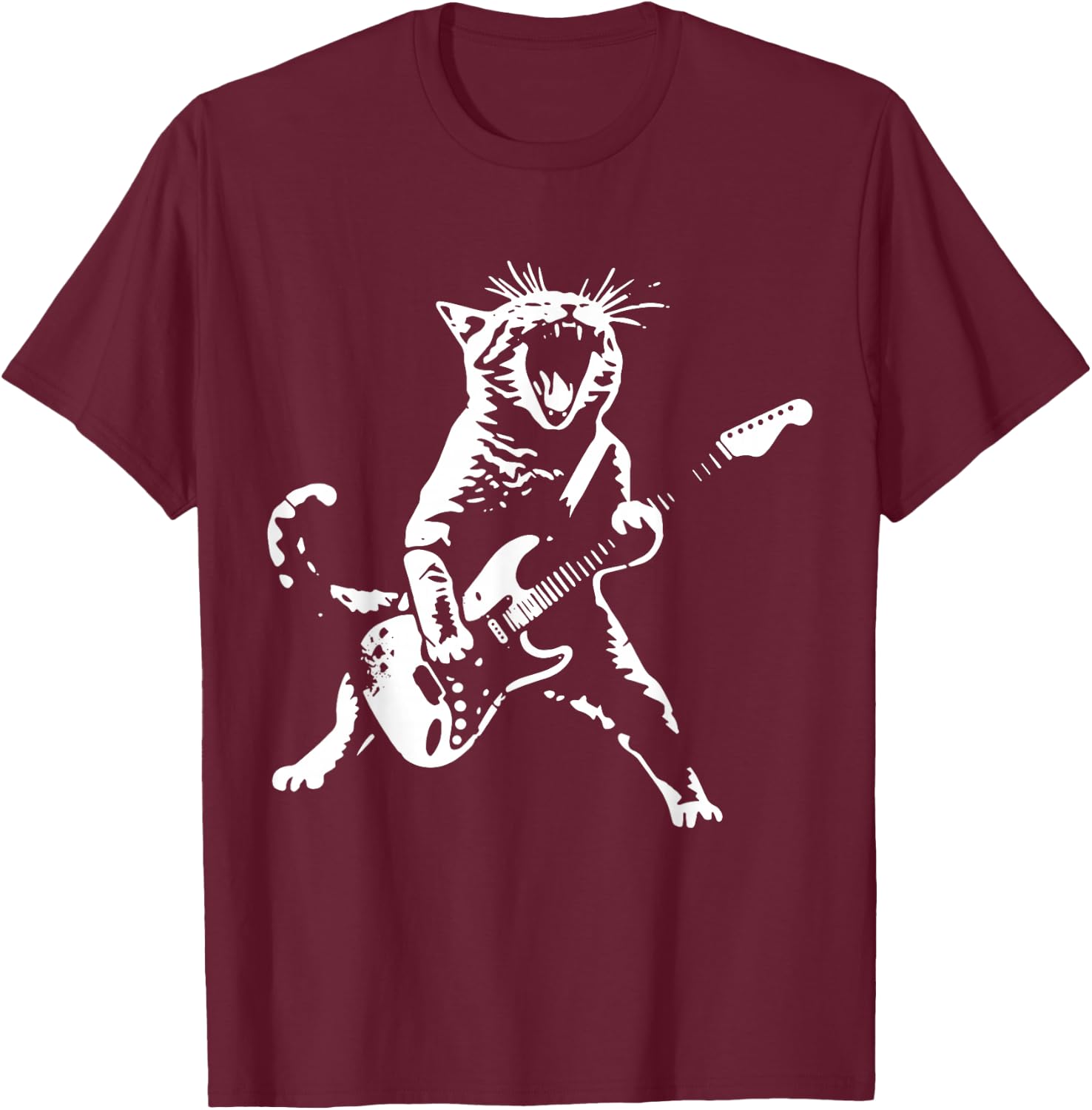 Rock Cat Playing Guitar - Funny Guitar Cat T-Shirt - T-Shirt | Maroon