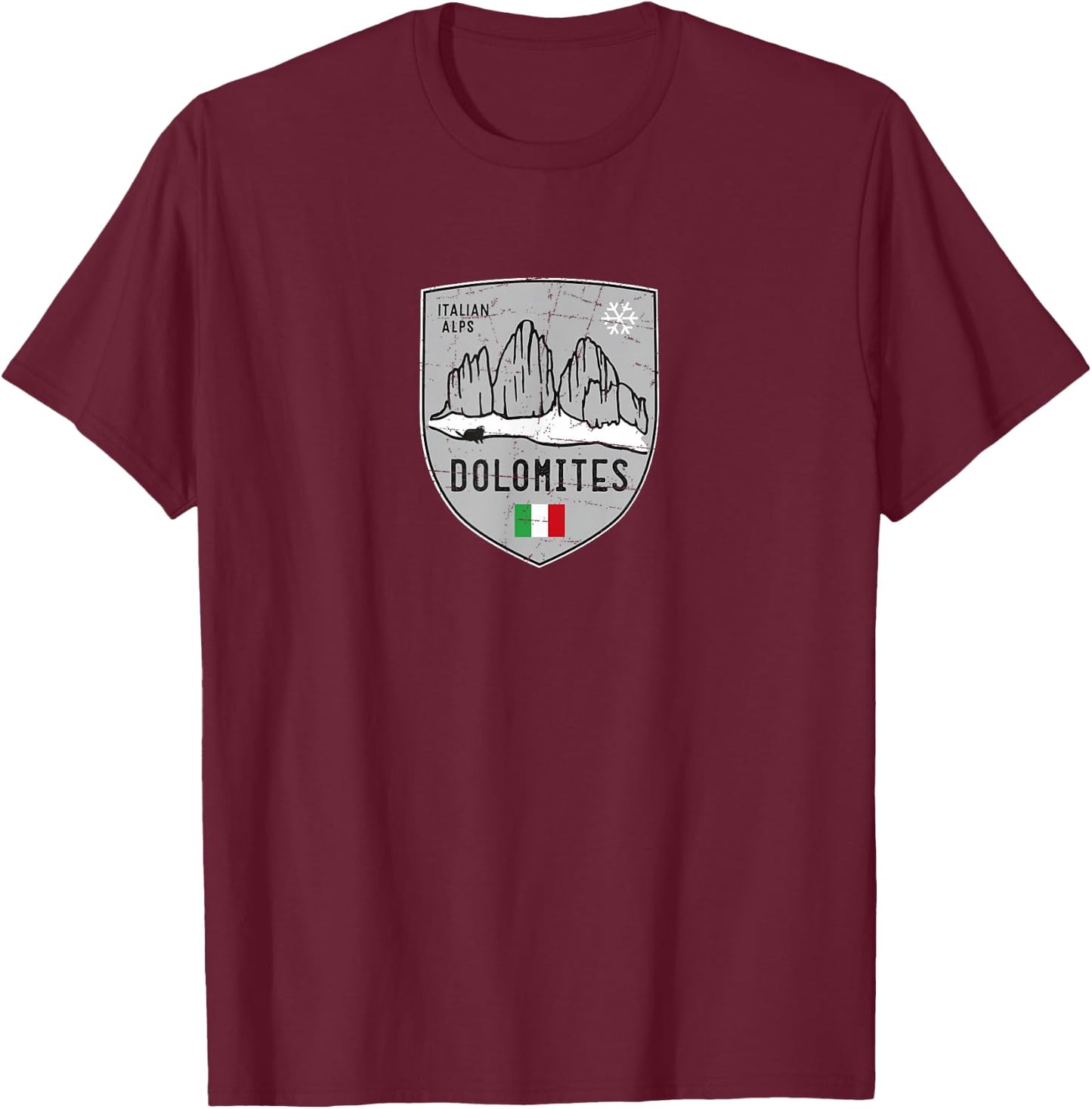 Dolomites Three Peaks Mountain Ski Crest T-Shirt - T-Shirt | Maroon