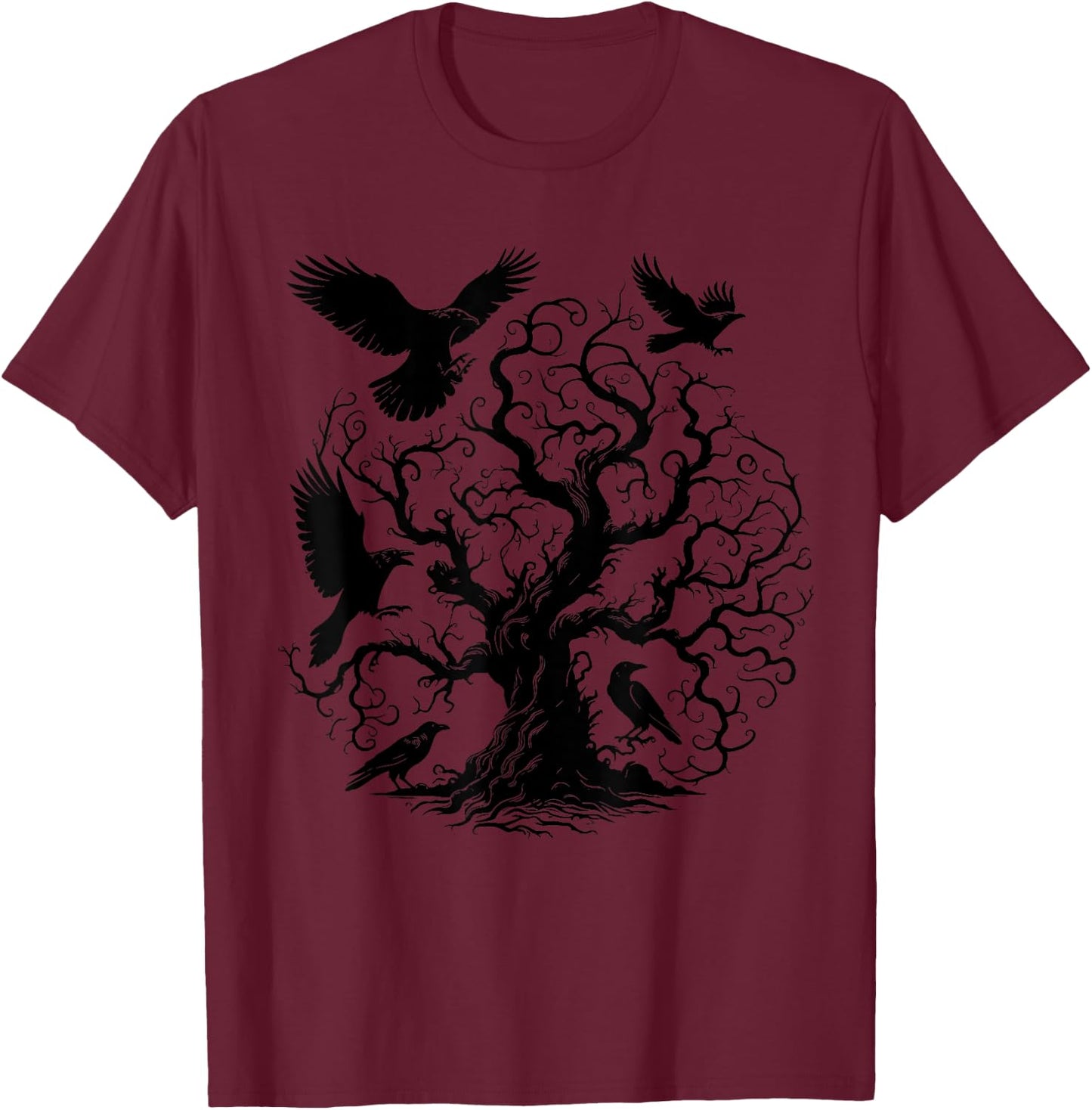 Gothic Raven Tree T-Shirt - T-Shirt | Maroon