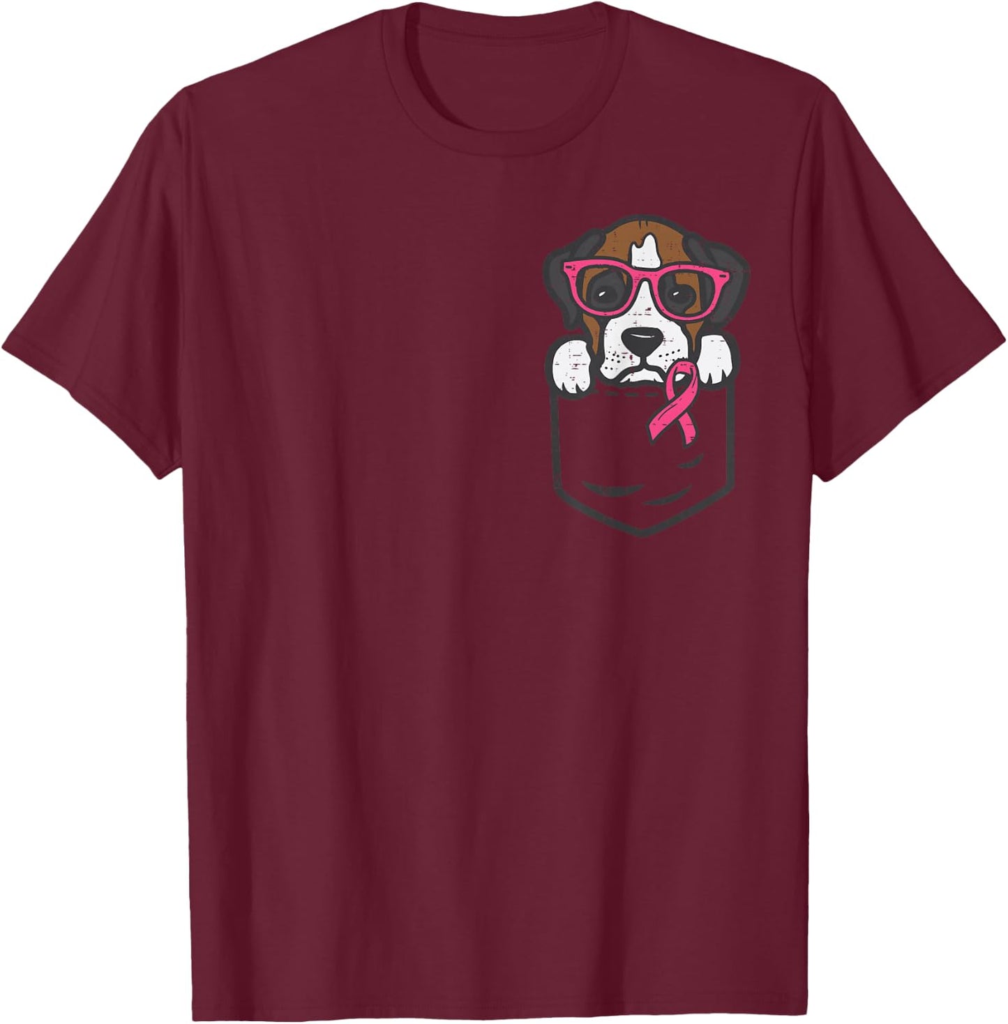 Pocket Boxer Dog Pink Ribbon Breast Cancer Awareness T-Shirt - T-Shirt | Maroon