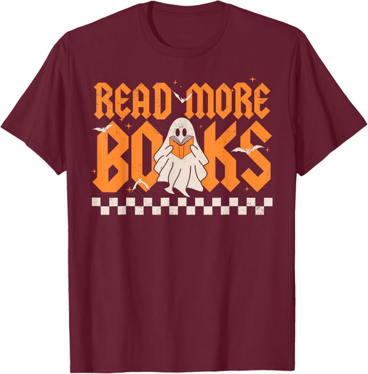 Groovy Booooks Ghost Read More Books Funny Teacher Halloween T-Shirt - T-Shirt | Maroon