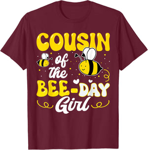 Cousin of The Bee Day Girl Bee Birthday Party Theme Groovy T-Shirt - T-Shirt | Maroon