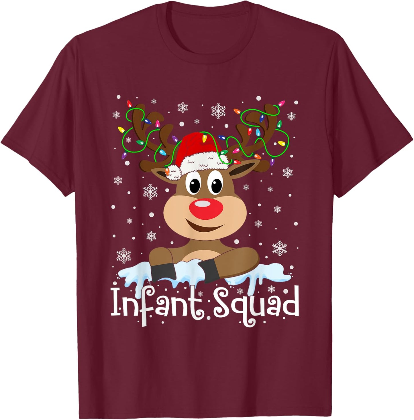 Infant Teacher Squad Reindeer Christmas Teacher Xmas Lights T-Shirt - T-Shirt | Maroon
