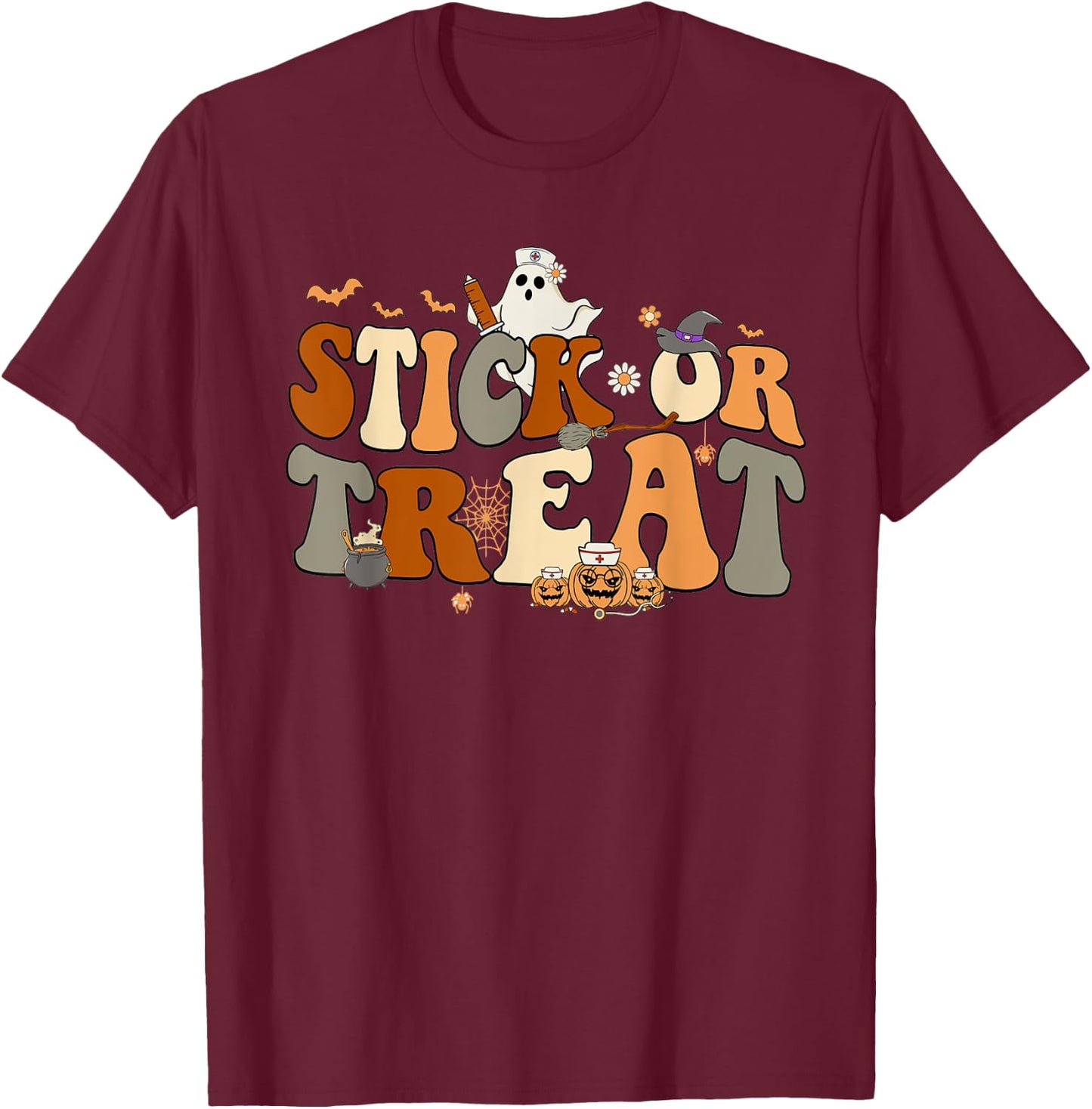 Retro Ghost Stick or Treat Halloween Nurse Spooky Nurse T-Shirt - T-Shirt | Maroon