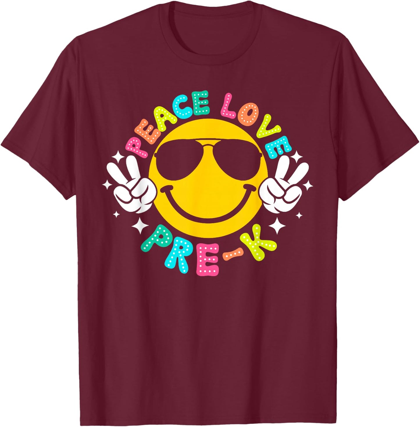 Peace Love Pre-K Retro Back To School 2024 Preschool Teacher T-Shirt - T-Shirt | Maroon