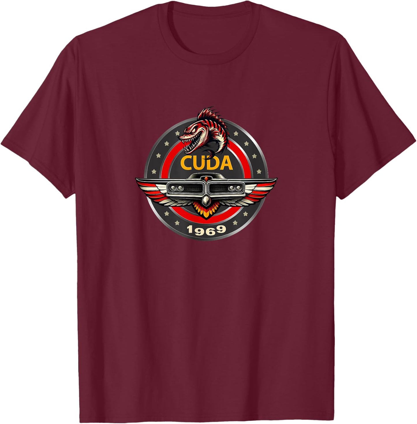 Vintage 1969 Cuda Badge Emblem Classic American Muscle Car T-Shirt - T-Shirt | Maroon
