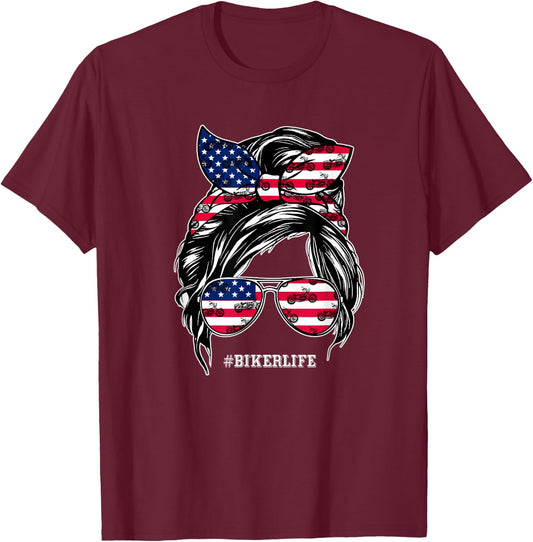 Biker Mom Motorcycle Chick Wife Gifts 4th of July America T-Shirt - T-Shirt | Maroon