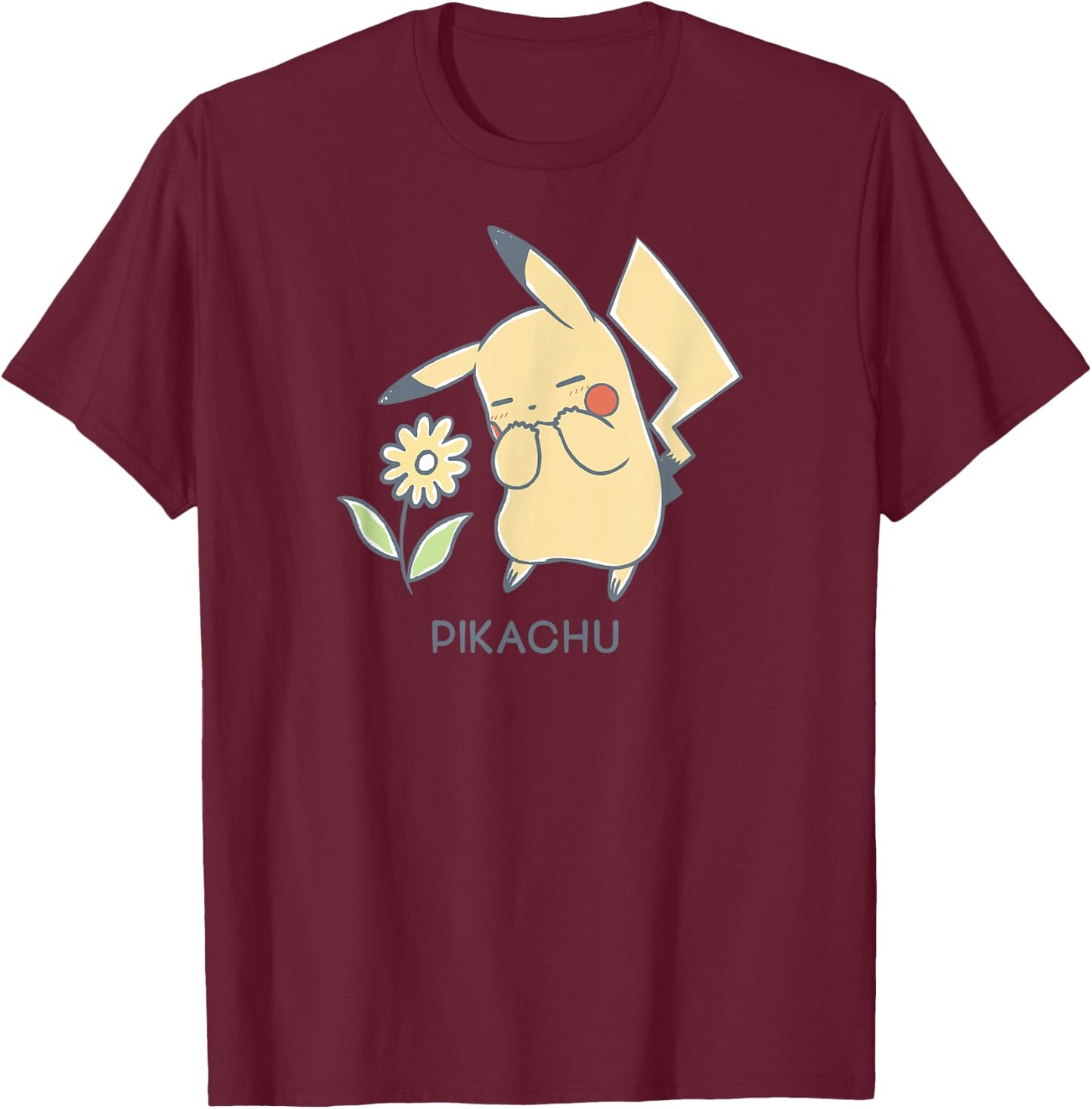 Pokémon - Pikachu with Yellow Flower Electric Type Gen 1 T-Shirt - T-Shirt | Maroon