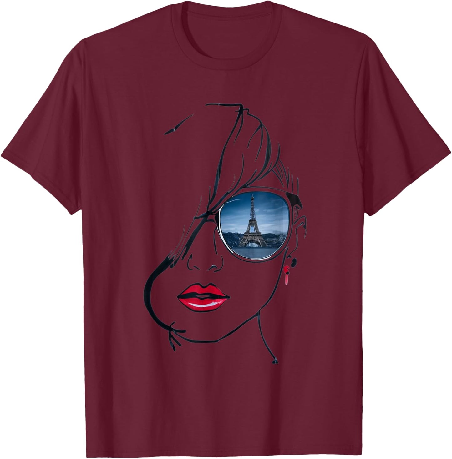 Woman's head lineart, with glasses Eiffel Tower reflection T-Shirt - T-Shirt | Maroon