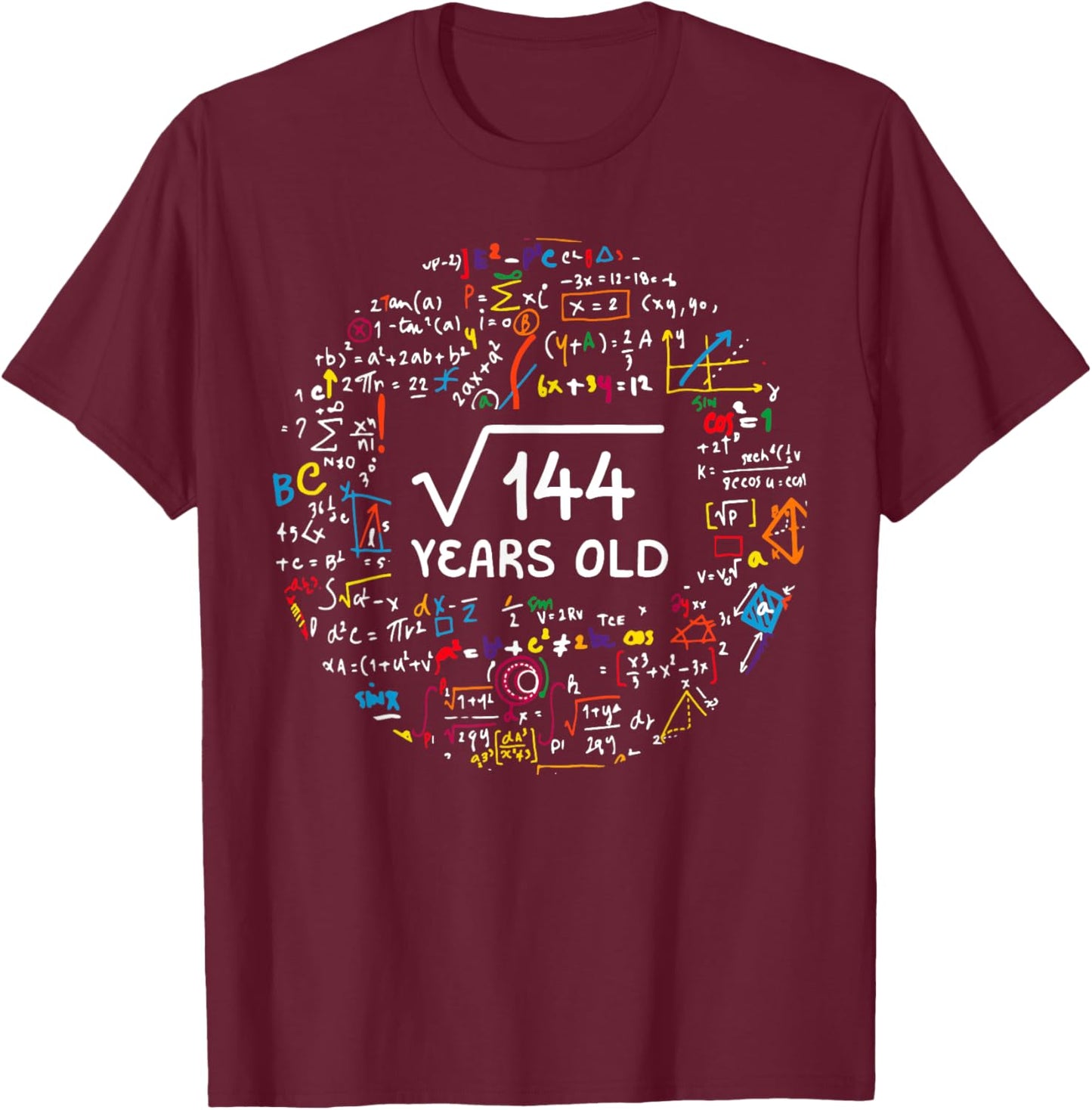 Square Root Of 144 12th Birthday 12 Year Old Gifts Math Bday T-Shirt - T-Shirt | Maroon